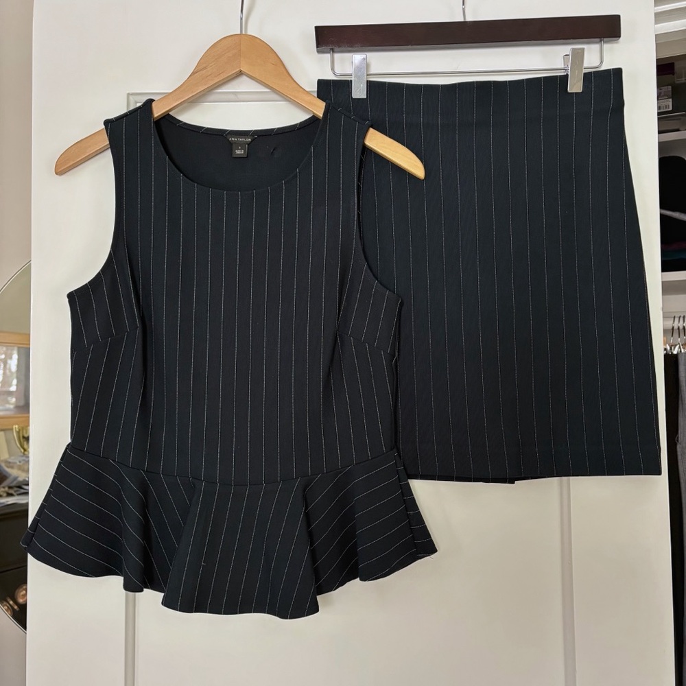 Ann Taylor Navy Pinstripe Peplum Skirt Set
